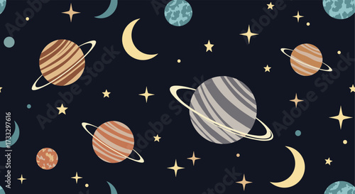 A charming pixel art depiction of planets moons and stars scattered across a dark cosmic expanse.