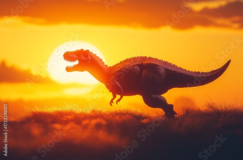 T-Rex at sunset, silhouette, dramatic
