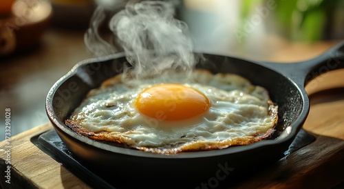Fried egg in cast iron pan, steaming (1)