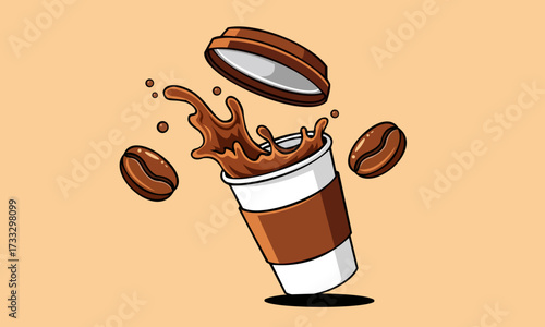 Coffee cup with splash and beans illustration for cafe isolated background