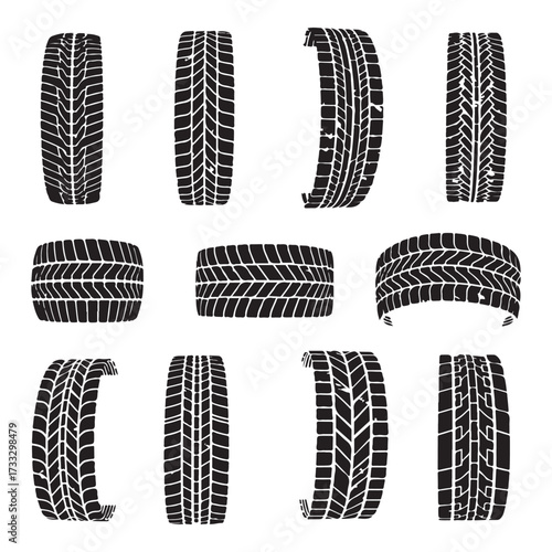 Tire tracks dirty set collection silhouette vector illustration flat design.