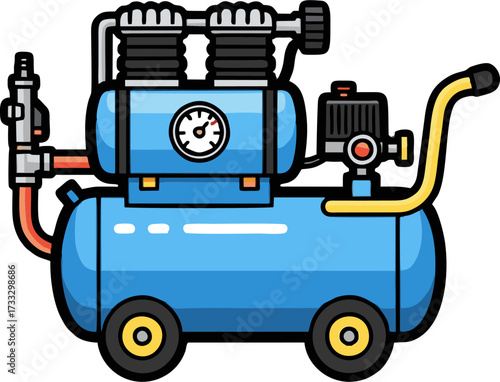 Cartoon Air Compressor with Gauge, Wheels, and Detailed Components.