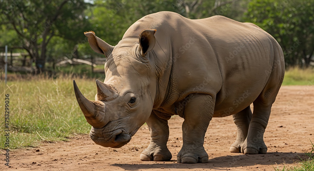 Obraz premium Majestic rhinoceros stands on dusty ground in natural environment