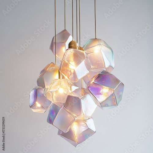 Iridescent pendant lights forming a geometric cluster