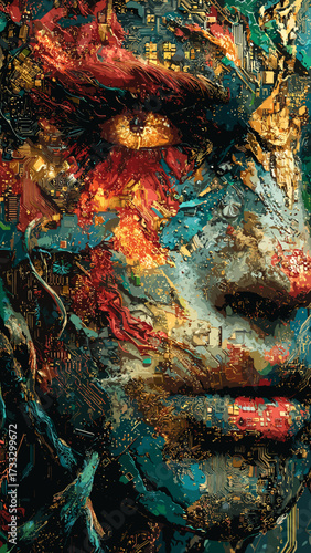 This artwork blends human features with intricate technological and organic elements, creating a surreal cybernetic portrait. The face is composed of vibrant colors, mechanical components, and natural