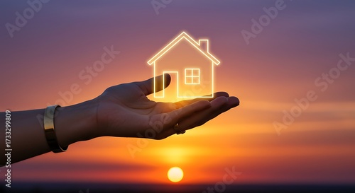 Hand holding glowing house symbol against sunset sky concept