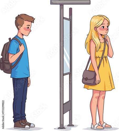 Cartoon teenage boy and girl standing at bus stop, students waiting for transportation, school backpacks and casual outfits vector illustration