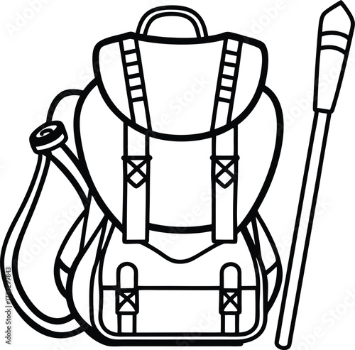 backpack with hiking poles illustration on transparent background