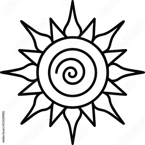 aztec sun god mandala with spiral rays illustration on transparent background