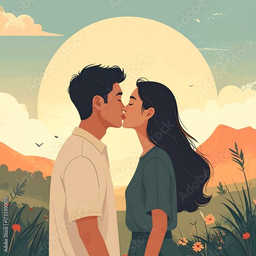 Romantic couple kissing at sunrise