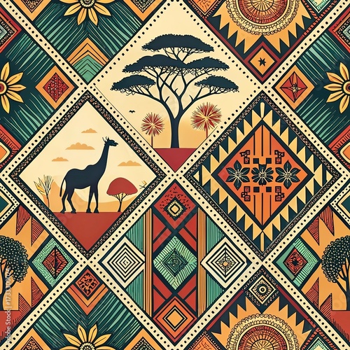 African seamless pattern with geometric ornaments, acacia tree and botanical motifs in ethnic style
