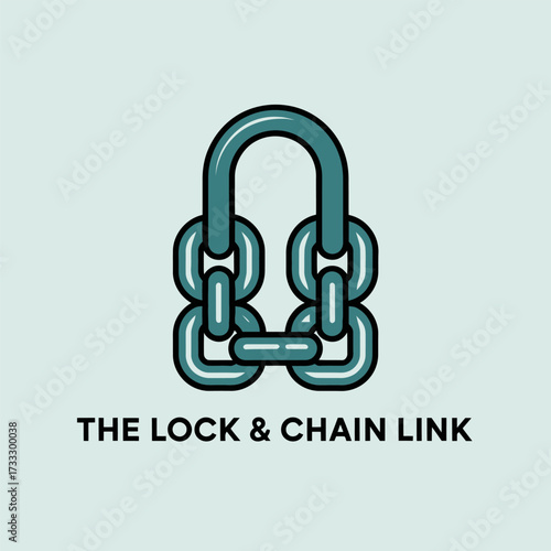 chain link padlock emblem, strong security concept, industrial protection icon, heavy linked shackle, teal gradient style, vector illustration