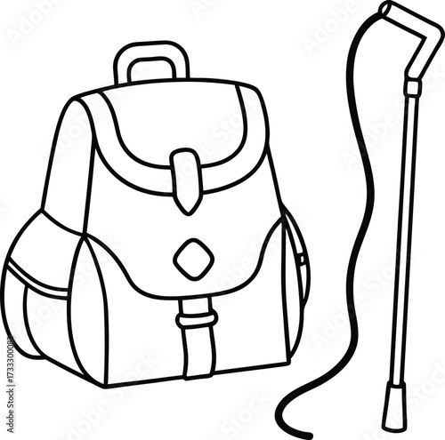 backpack with hiking stick illustration on transparent background