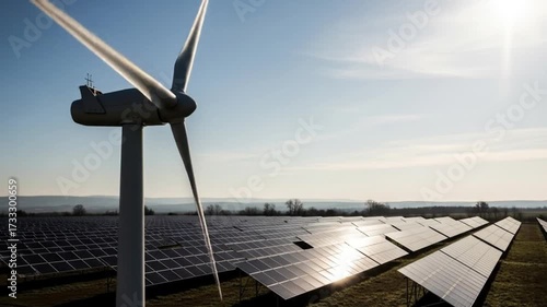 Wind turbine overseeing array of solar panels