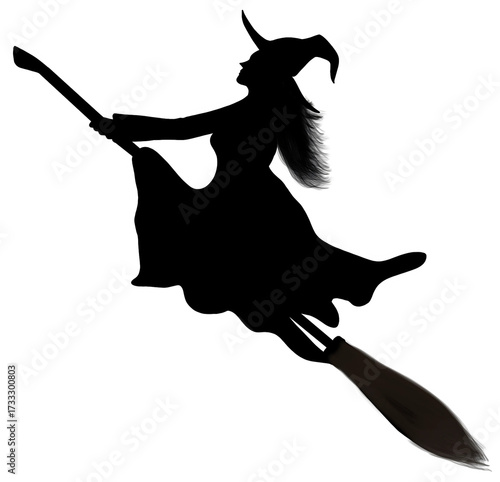 Flying Witch Silhouette on Broomstick – Halloween Vector Art Illustration