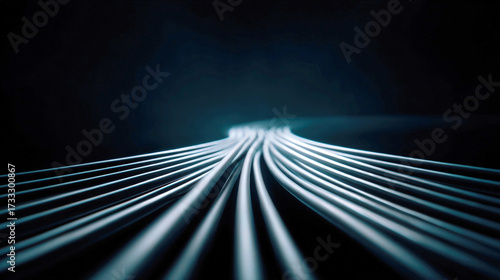 Wallpaper Mural A bundle of glowing white parallel cables converges and streams into a dark, black background. Futuristic technology and connectivity concept Torontodigital.ca