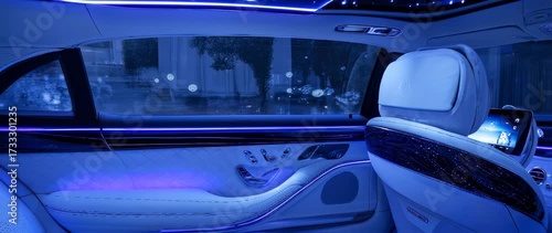 Luxurious car interior showcasing ambient lighting and technology integration, perfect for vehicle