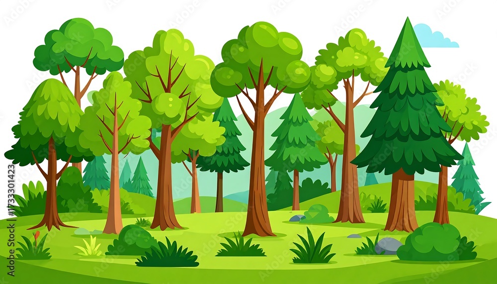 Obraz premium Lush forest scene with various trees and greenery