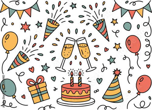 Birthday Party Doodles. Birthday party doodle icon set: hand drawn icons of balloons, birthday cake, candles, party hats, wrapped
