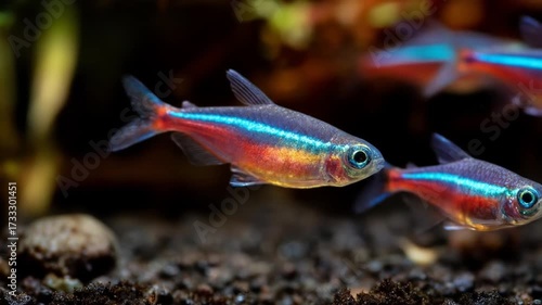 Vibrant neon tetra fish swimming in an aquarium water environment