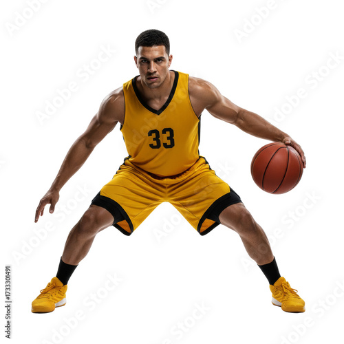 Focused basketball athlete in golden uniform poised for action with determination