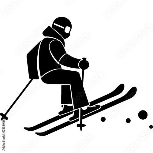 Extreme skier stopped on a mountain slope. Engraving minimalistic vector in black ink drawing on transparent background