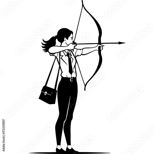 Sketchy emblem of girl in black and white office clothes aims a bow at a target. Engraving minimalistic vector in black ink drawing on transparent background