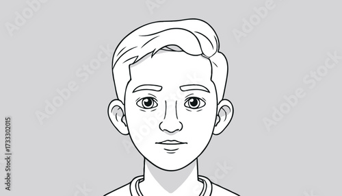 A clean line-art portrait of a young man facing forward. Monochrome illustration suitable for branding, apps, education, or character design. Neutral, calm expression with simple background.
