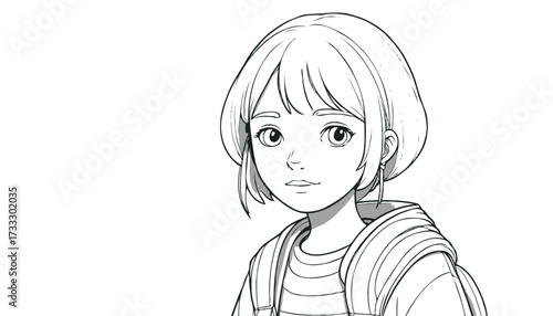 Versatile monochrome line illustration of a young girl with short bob and backpack, ideal for education, school, learning, curiosity, childhood lifestyle, and youth themes in stock design.
