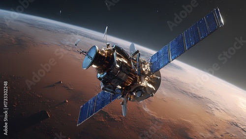 Space Probe Orbiting Mars with Solar Panels in Deep Space | Realistic 3D Render