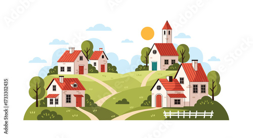 A quaint village nestled on rolling green hills under a sunny sky.