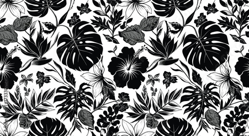 A monochrome tropical botanical pattern featuring large monstera leaves and hibiscus flowers.