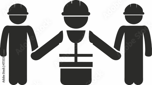 Three construction workers collaborating on a project wearing hard hats and safety vests, symbolizing teamwork and industry success in development.