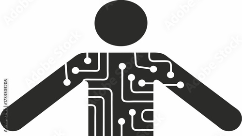 Modern person icon with integrated circuit patterns symbolizing technology, innovation, and connectivity in a digital world