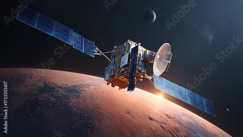 Space Probe Orbiting Mars with Solar Panels in Deep Space | Realistic 3D Render