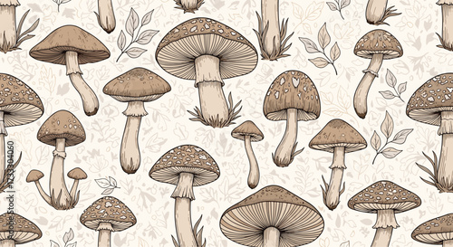 A charming vintage pattern featuring a variety of hand drawn mushrooms and delicate leaves.