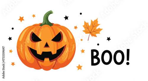 A spooky jack-o-lantern smiles with stars and a leaf with the word boo.