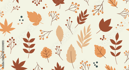 A delightful autumn pattern featuring falling leaves and small berry branches scattered across a creamy background.