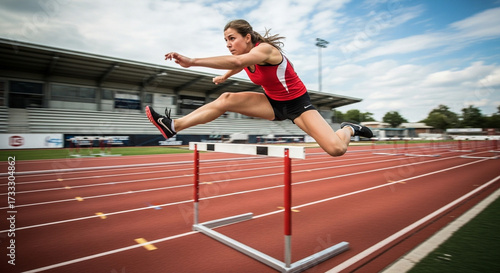 Determined athlete soars over hurdle with power and grace on outdoor track, demonstrating strength, agility, and dedication to sports excellence