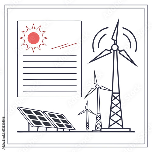Illustration of renewable energy sources including solar panels and wind turbines with a sun graphic