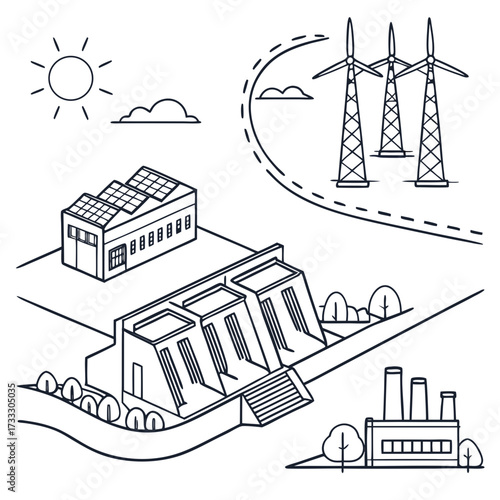Illustrative isometric view of renewable energy sources including a dam solar panels and wind turbines