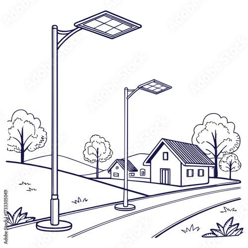 Illustration of solar powered street lights illuminating a rural village with houses and trees