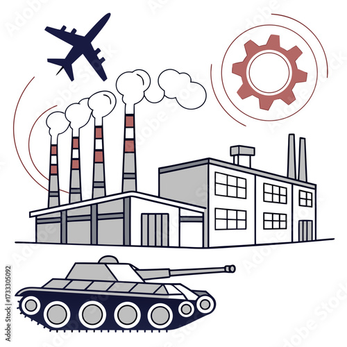 Industrial complex with airplane and tank symbolizing manufacturing and defense industries