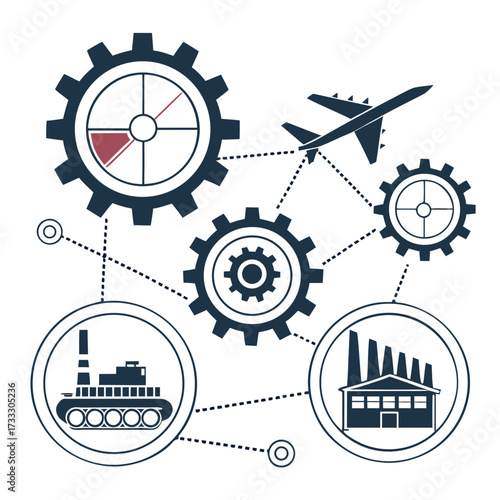 Interconnected industrial and military systems with gears and airplane symbolizing complex network operations