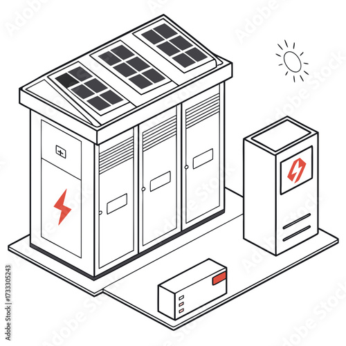 Isometric illustration of a modern solar powered energy storage station with battery and charging unit
