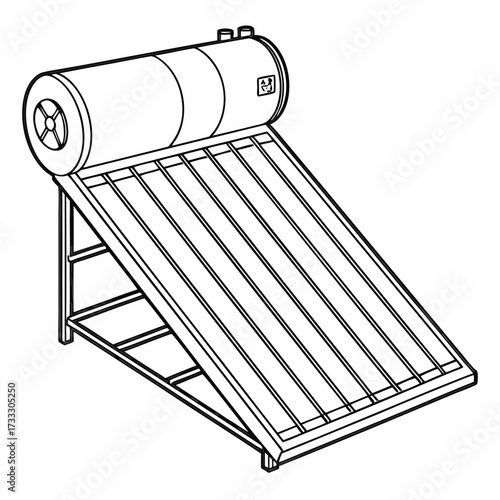 Line art illustration of a solar water heater system with a tank and collector panel on a stand