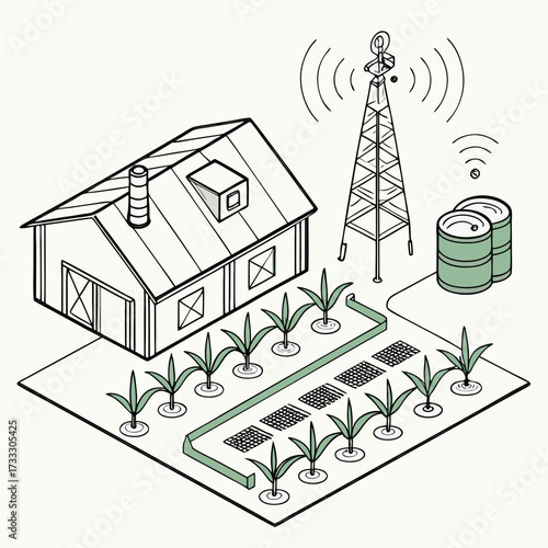 Modern farm with smart technology including a communication tower and solar panels supporting crop growth