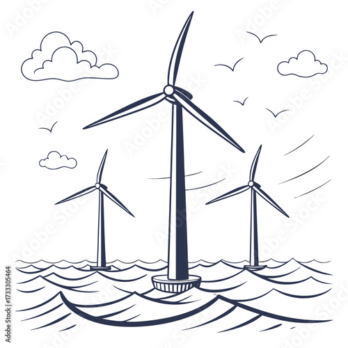 Offshore wind turbines generating clean renewable energy in the ocean with birds flying