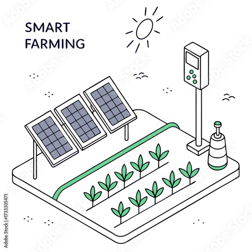 Modern smart farming technology uses solar panels and automated systems to optimize crop growth