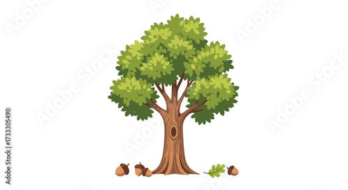 An old pixelated oak tree with acorns scattered around its base and green leaves in the canopy.
